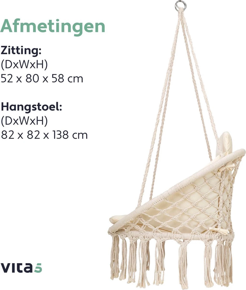 Vita5 Macramé Hangstoel - Voor Binnen En Buiten - Zonder Standaard - Incl. Kussen, Boekenvak En Beschermhoes - Tot 150kg - Beige - Afbeelding 9
