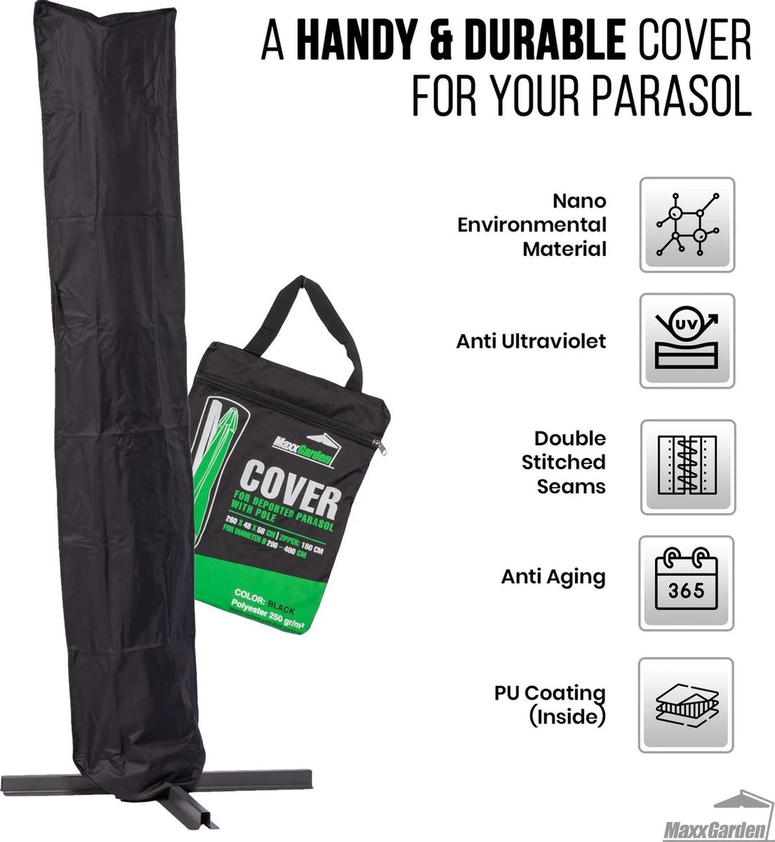 MaxxGarden Parasolhoes - Afdekhoes Voor Zweefparasol - Beschermhoes - 200-400 Cm - Met Rits En Trekkoord - Zwart - Afbeelding 6