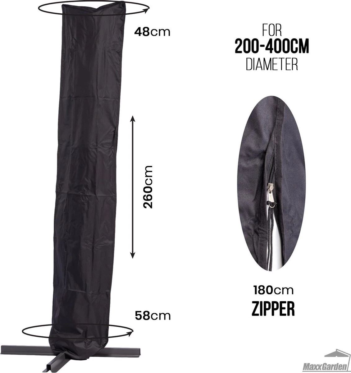 MaxxGarden Parasolhoes - Afdekhoes Voor Zweefparasol - Beschermhoes - 200-400 Cm - Met Rits En Trekkoord - Zwart - Afbeelding 8