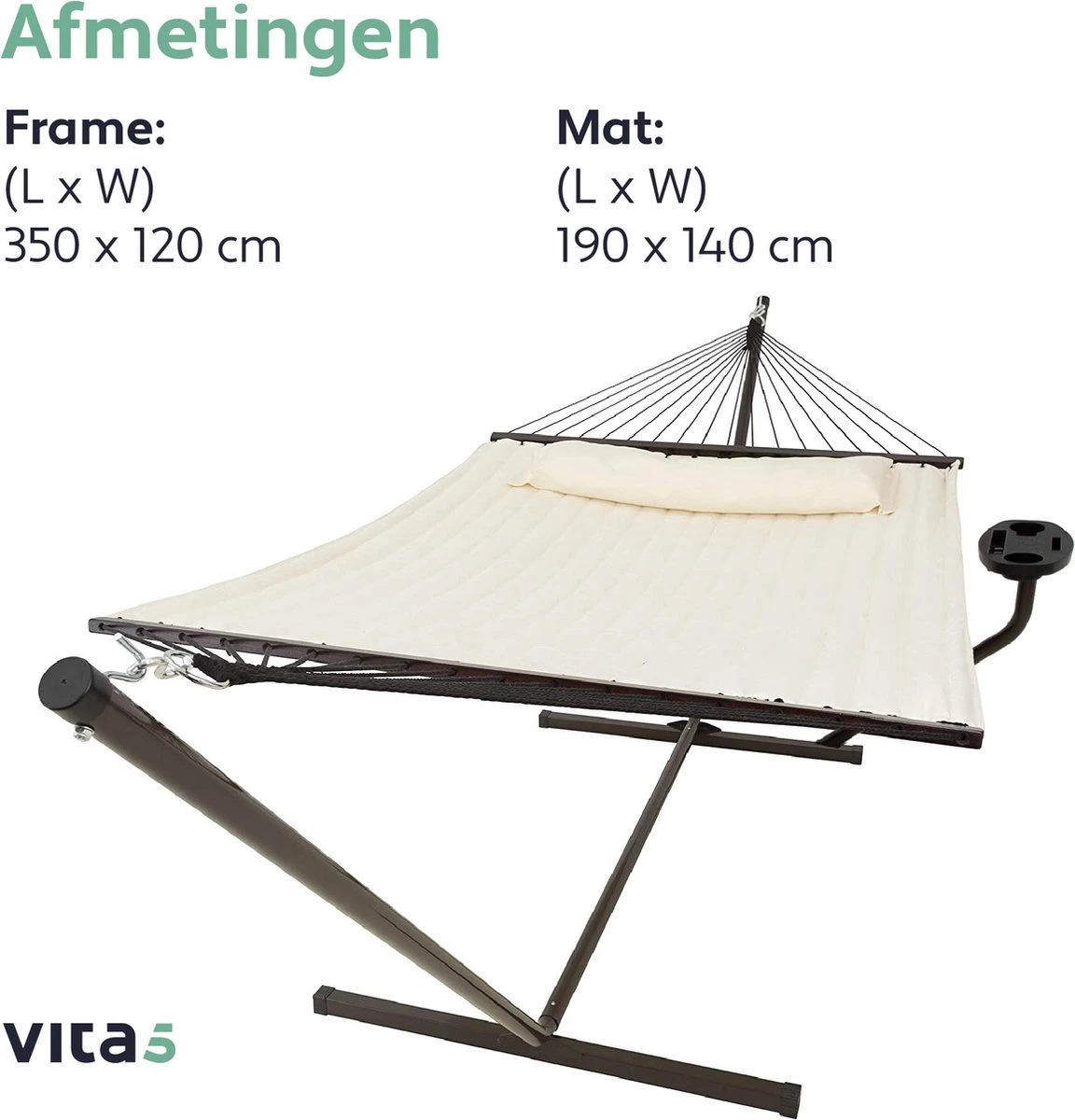 Vita5 Hangmat Met Standaard En Spreidstok – 2 Persoons – Incl. Bekerhouder - Afneembaar Kussen – Uv-bestendig – Beige - Afbeelding 9