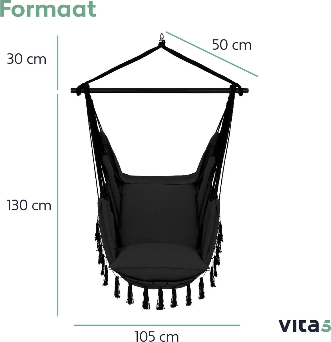 Vita5 XXL Hangstoel - Binnen&Buiten Hangnest - Incl. 2 Kussens En Boekenvak - Volwassenen&Kinderen - Hangmatstoel Tot 225kg - Zwart - Afbeelding 6