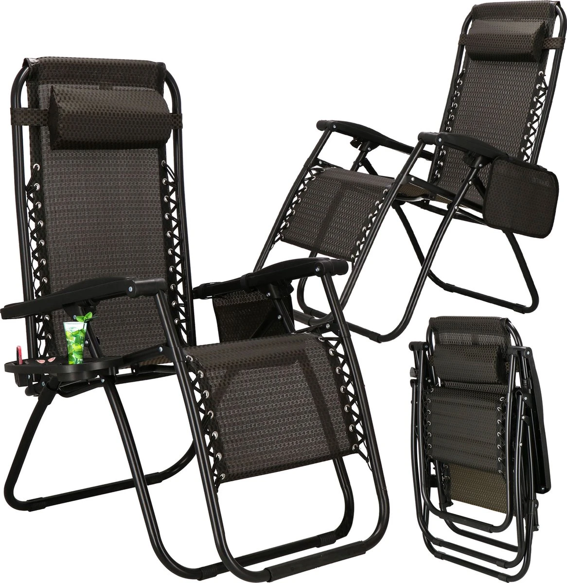 Springos Tuinstoel | Ligstoel | Opvouwbaar | Verstelbaar | Ergonomische Hoofdsteun | Bruin / Zwart - Afbeelding 4