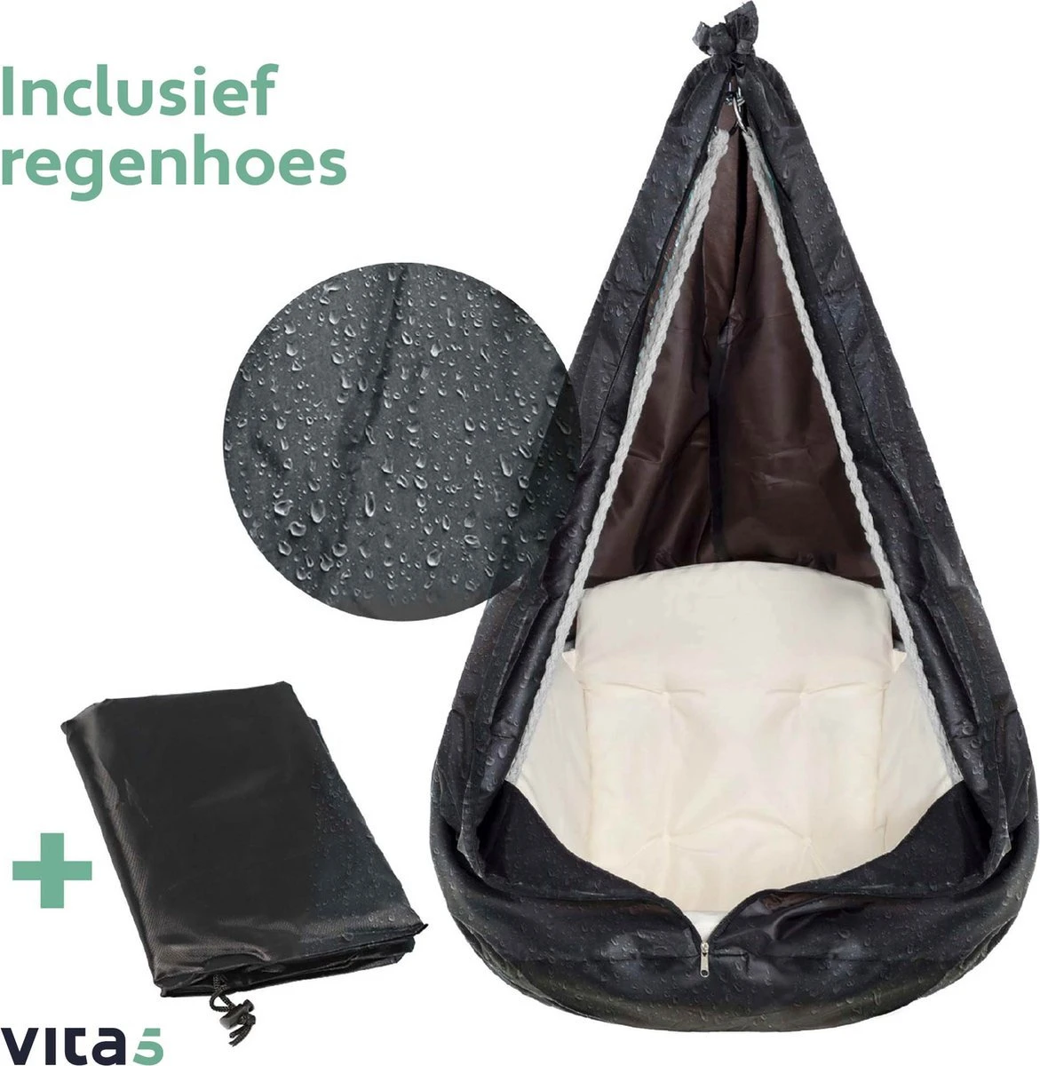 Vita5 Macramé Hangstoel - Voor Binnen En Buiten - Zonder Standaard - Incl. Kussen, Boekenvak En Beschermhoes - Tot 150kg - Beige - Afbeelding 10