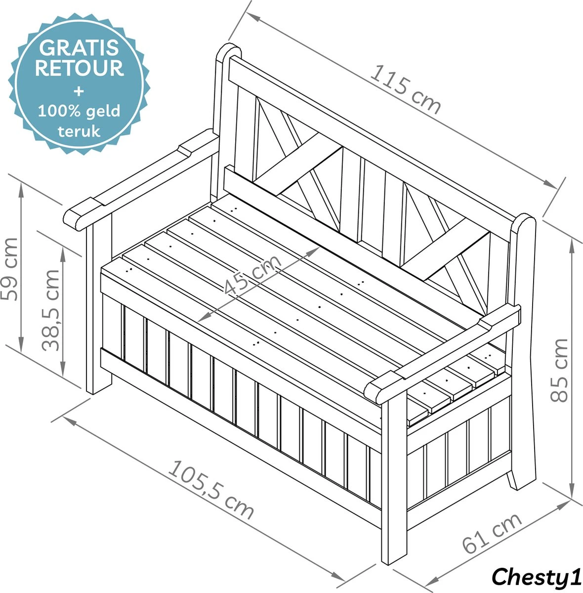 Needs&wants® Houten Tuinbank Met Opbergruimte, 2-zits Kistbank Houten Klassieke Bank Opslag, Grote Tuinopbergbank Van Massief Hout Weerbestendig Voor Buiten Tuin, Balkon, Terras, 115x61x85 Cm, Donker-bruin - Afbeelding 2