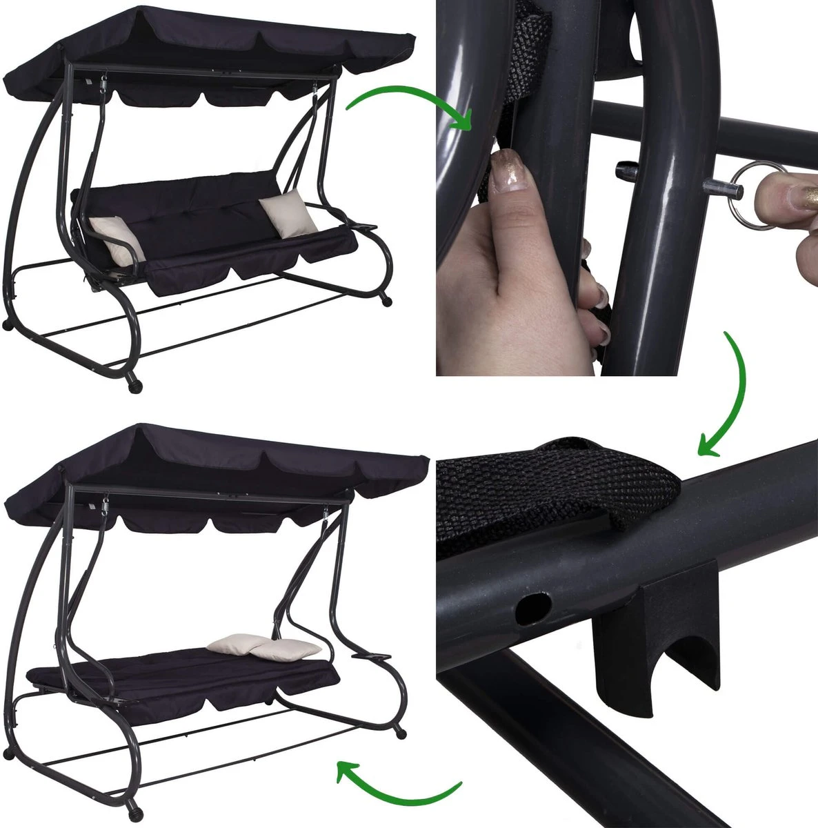 Springos Schommelbank | Linda-Schommel | 3-zits | Waterafstotend | Inclusief 2 Kussens | Verstelbare Luifel | 162 X 200 X 120 Cm | Zwart - Afbeelding 12