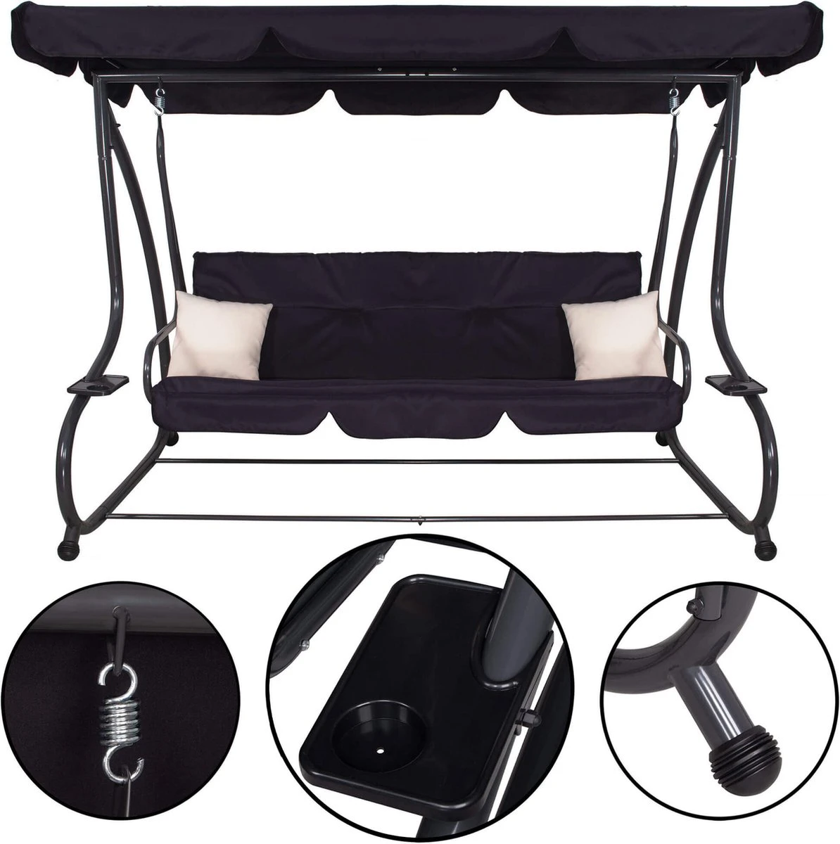 Springos Schommelbank | Linda-Schommel | 3-zits | Waterafstotend | Inclusief 2 Kussens | Verstelbare Luifel | 162 X 200 X 120 Cm | Zwart - Afbeelding 11