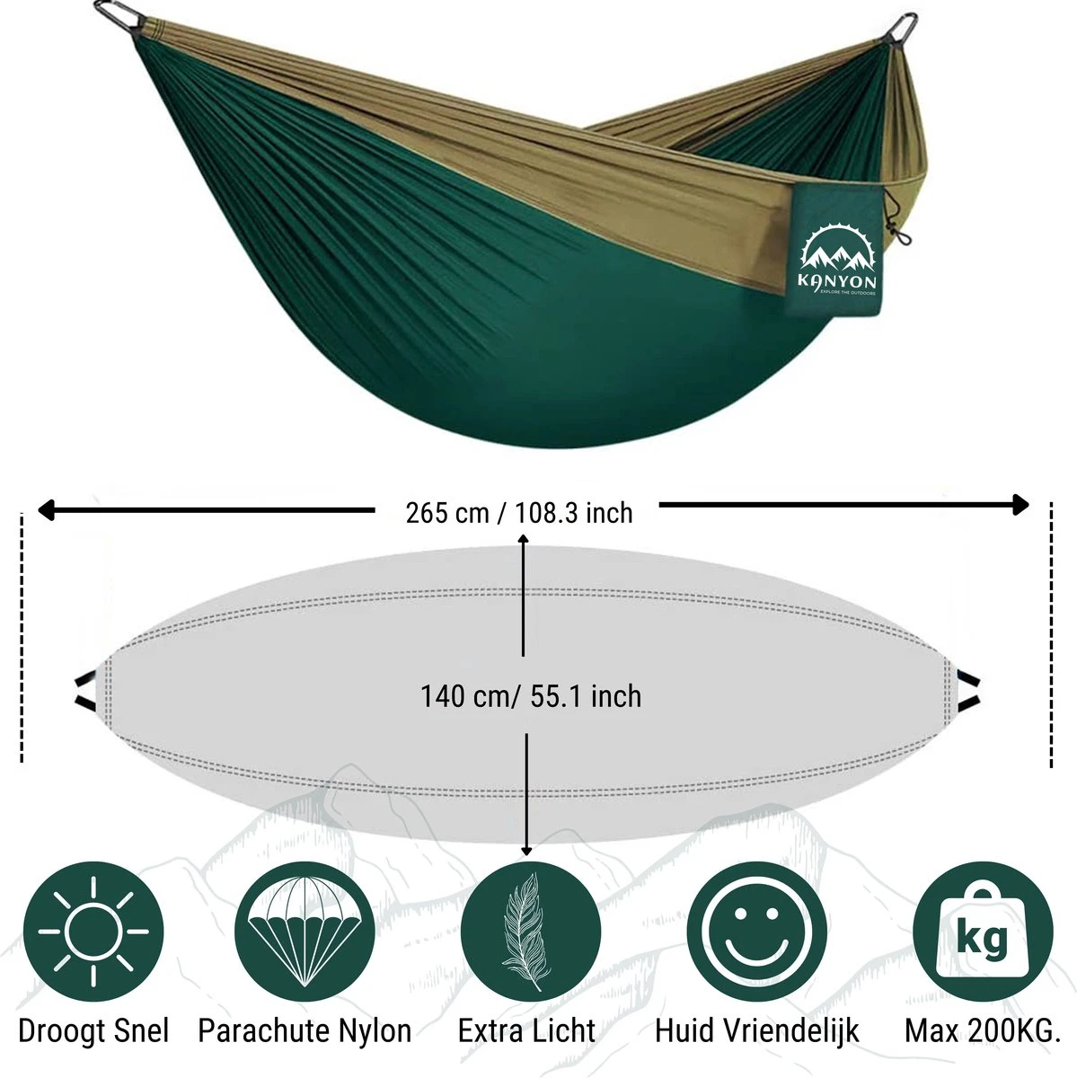 Kanyon Hangmat - Incl. Karabijnhaken En Riemen - Licht Parachutestof - 260 X 140 Cm - Tot 200kg - Groen/Khaki - Afbeelding 2