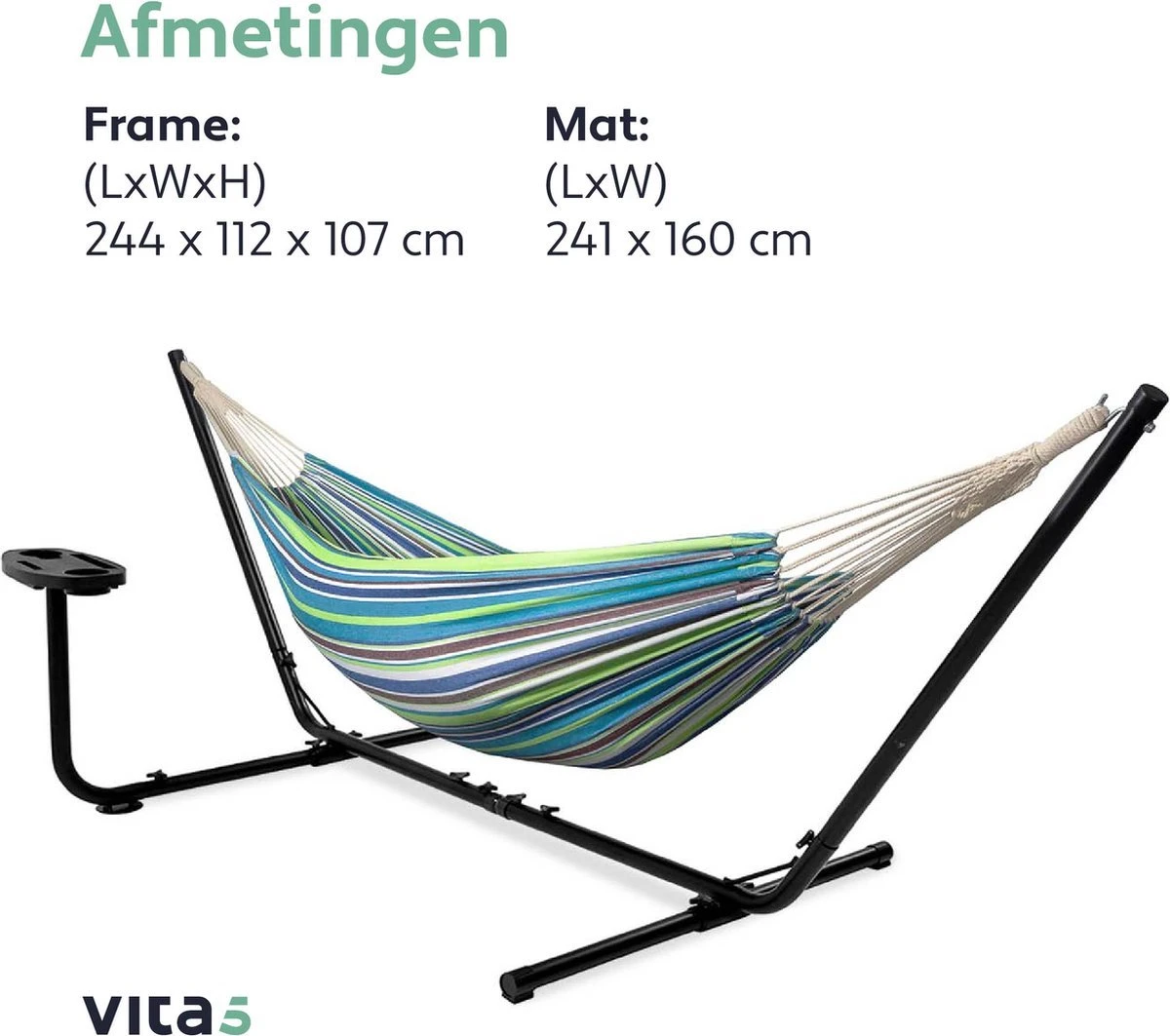 Vita5 Hangmat Met Standaard – 2 Persoons – Incl. Bekerhouder – 205kg Draaggewicht – Groen/Blauw - Afbeelding 8