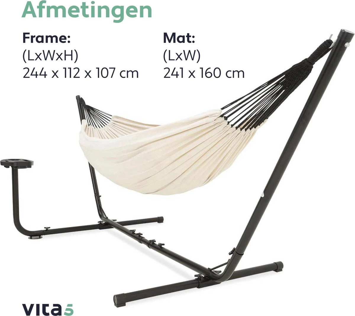 Vita5 Hangmat Met Standaard – 2 Persoons – Incl. Bekerhouder – 205kg Draaggewicht – Beige/Wit - Afbeelding 9