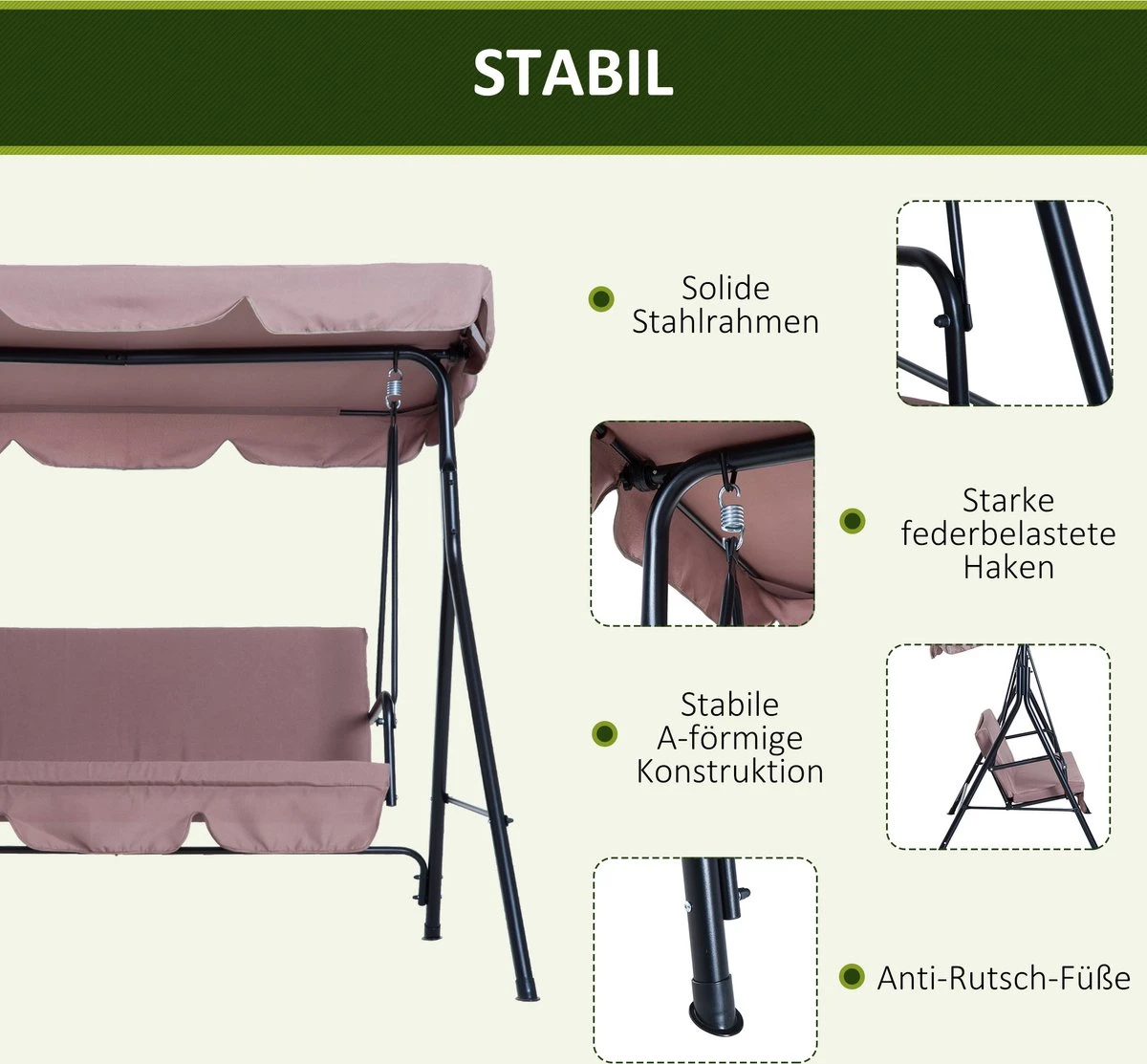 Outsunny Hollywoodschommel 3-zits Tuinschommel Schommelbank Met Dak 3 Kleuren 84A-054 - Afbeelding 7