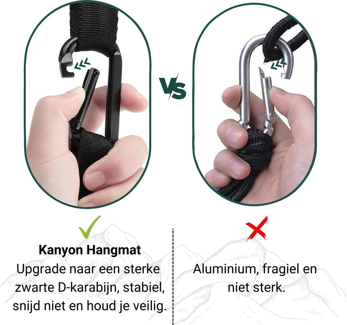 Kanyon Hangmat - Incl. Karabijnhaken En Riemen - Licht Parachutestof - 260 X 140 Cm - Tot 200kg - Groen/Khaki - Afbeelding 4