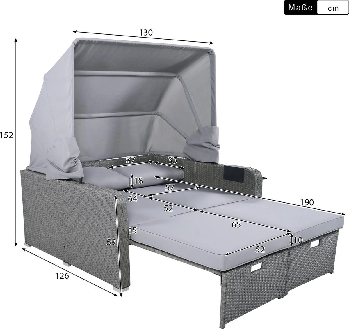 Polyrattan Patio Rieten Meubels Set Voor 2 Personen-Outdoor Rattan Sofa Set Met Intrekbare Luifel-lounge Bank-PE Rotan Loveseat Voor Achtertuin Veranda Tuin Zwembad Balkon-grijs - Afbeelding 9