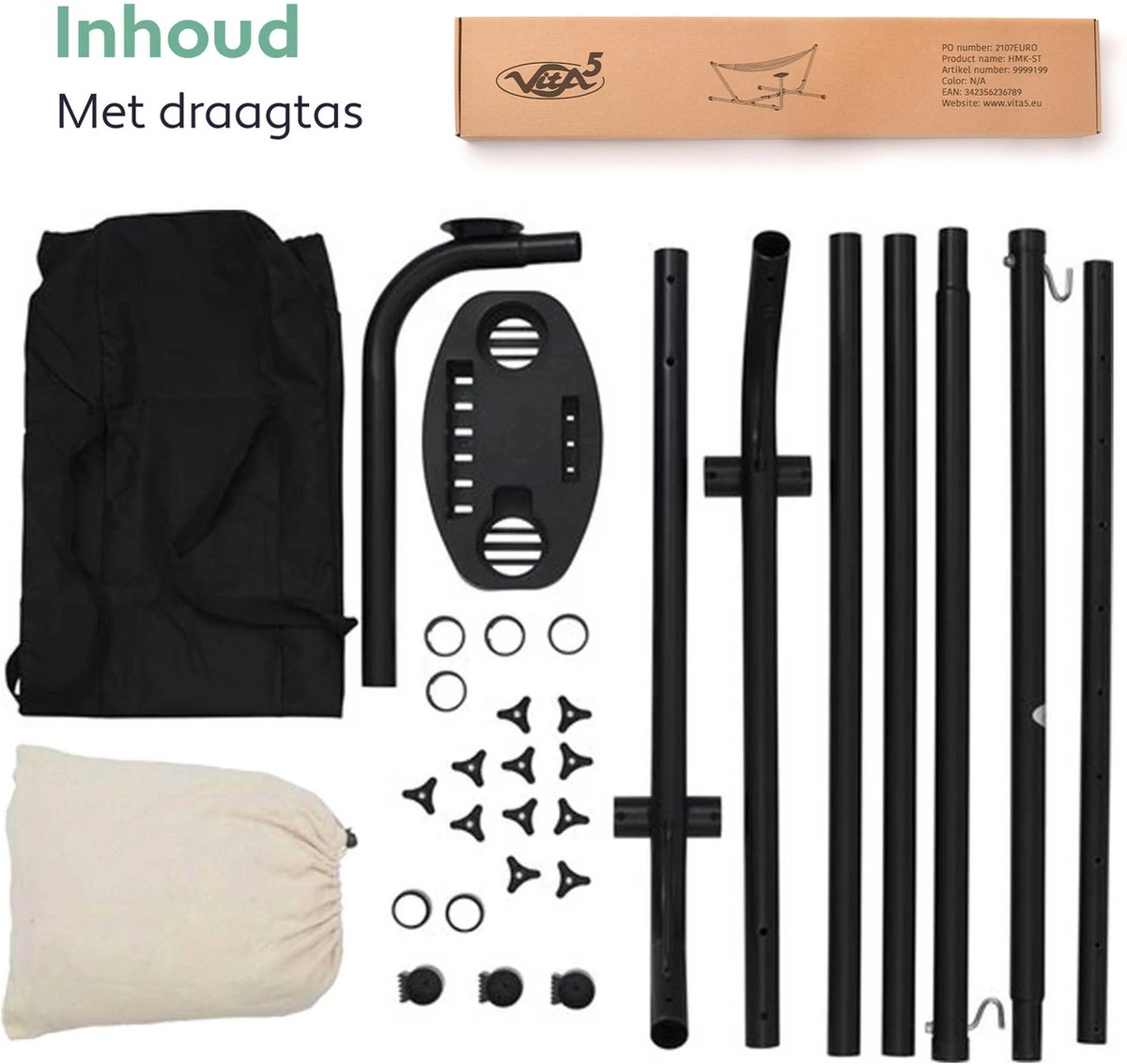 Vita5 Hangmat Met Standaard – 2 Persoons – Incl. Bekerhouder – 205kg Draaggewicht – Beige/Wit - Afbeelding 10