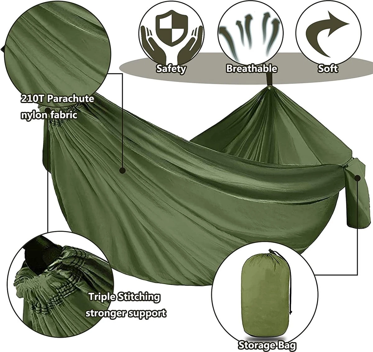 IBright Hangmat XXL - Complete Set – Incl. Karabijnhaken En Riemen - Tot 200 Kg - 270x140cm - Leger Groen - Afbeelding 4