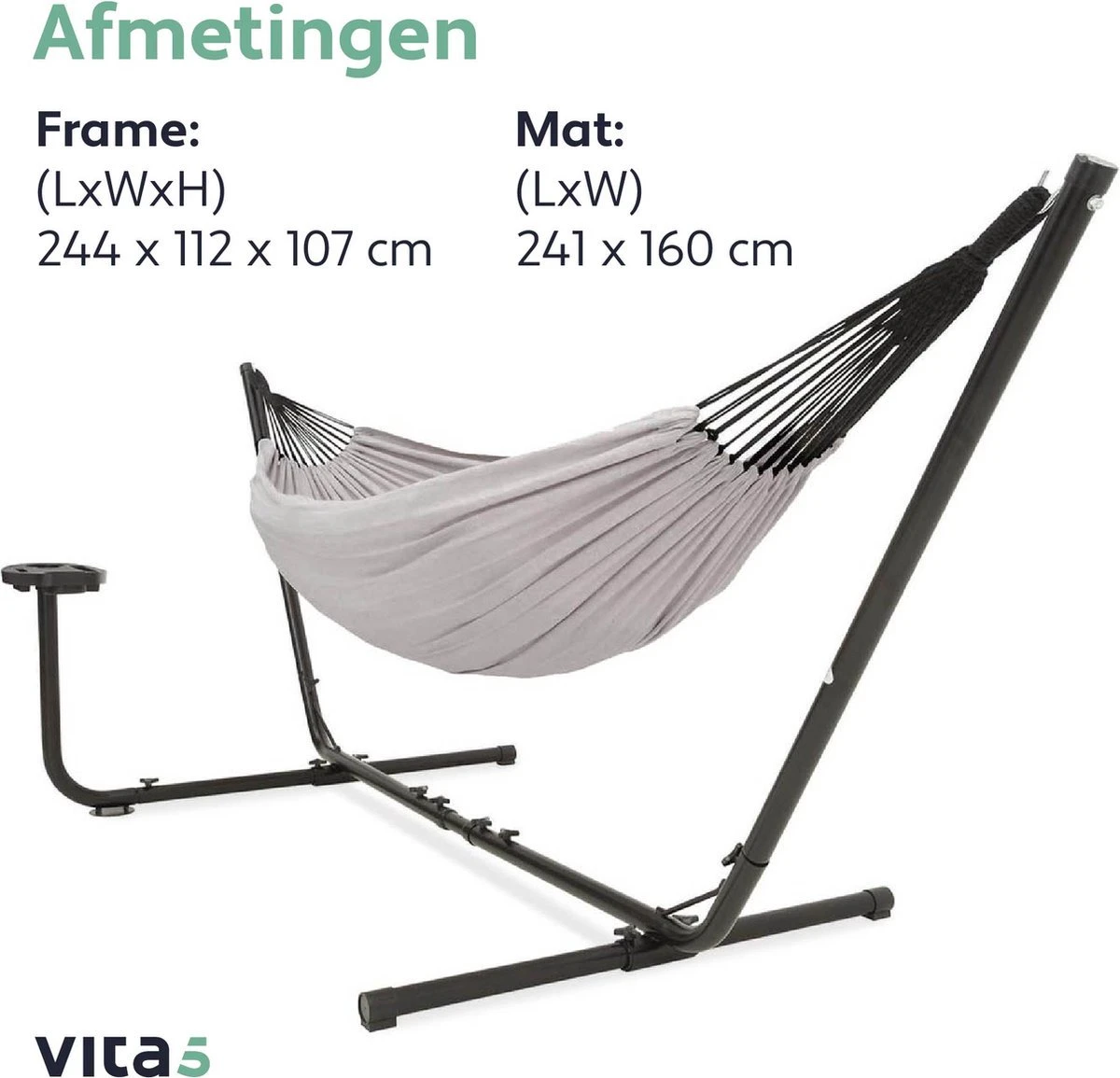 Vita5 Hangmat Met Standaard – 2 Persoons – Incl. Bekerhouder – 205kg Draaggewicht – Grijs - Afbeelding 8