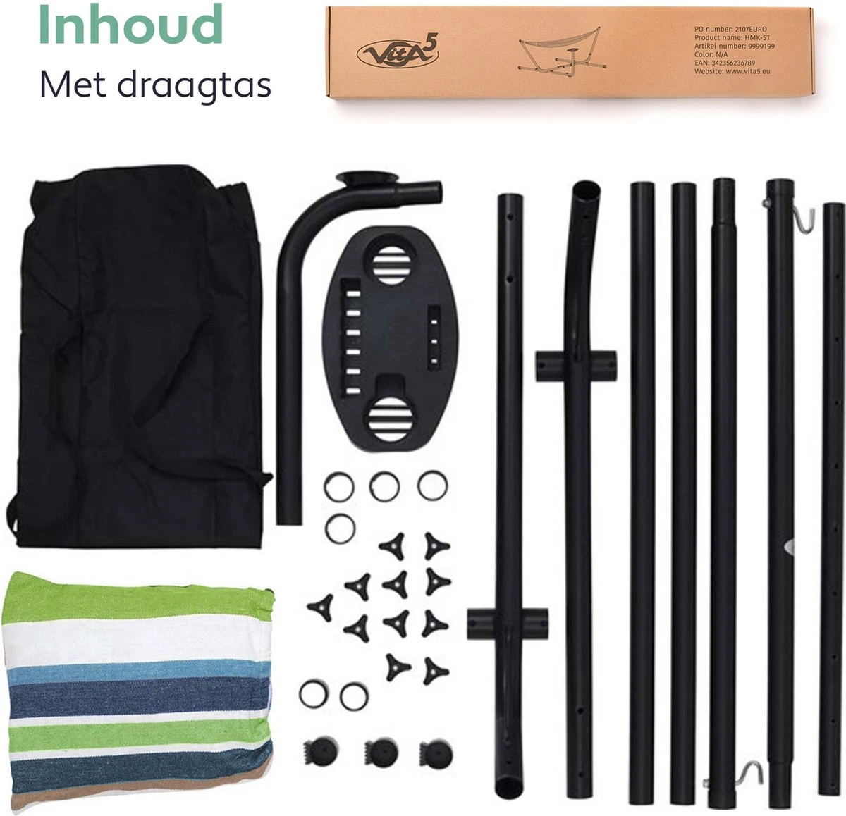 Vita5 Hangmat Met Standaard – 2 Persoons – Incl. Bekerhouder – 205kg Draaggewicht – Groen/Blauw - Afbeelding 9