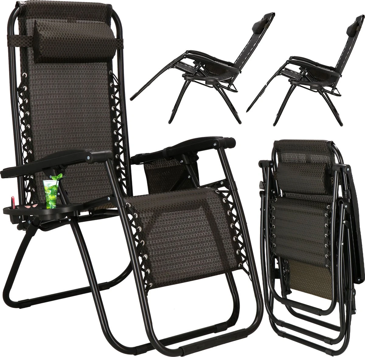 Springos Tuinstoel | Ligstoel | Opvouwbaar | Verstelbaar | Ergonomische Hoofdsteun | Bruin / Zwart - Afbeelding 15