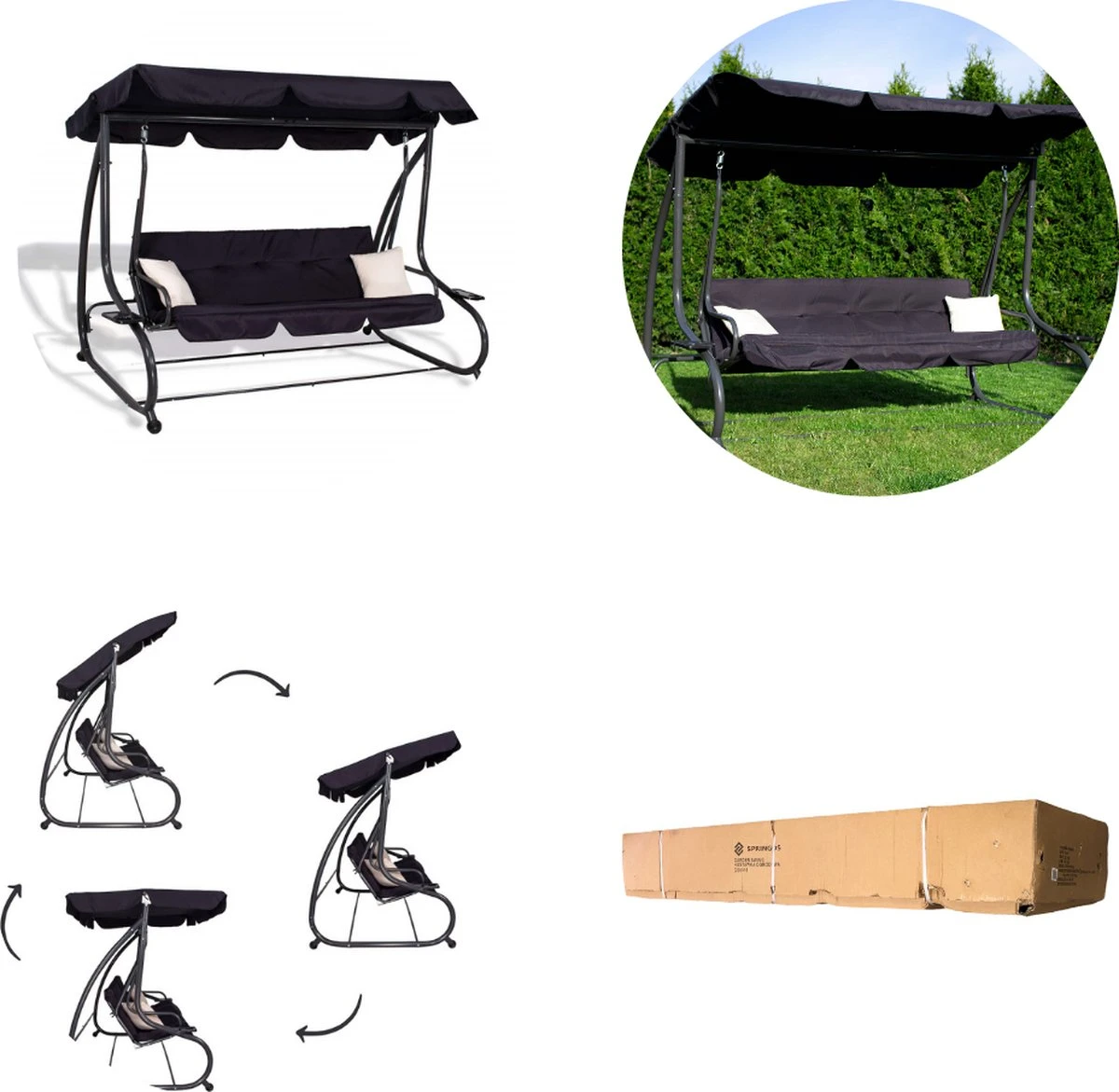 Springos Schommelbank | Linda-Schommel | 3-zits | Waterafstotend | Inclusief 2 Kussens | Verstelbare Luifel | 162 X 200 X 120 Cm | Zwart - Afbeelding 4