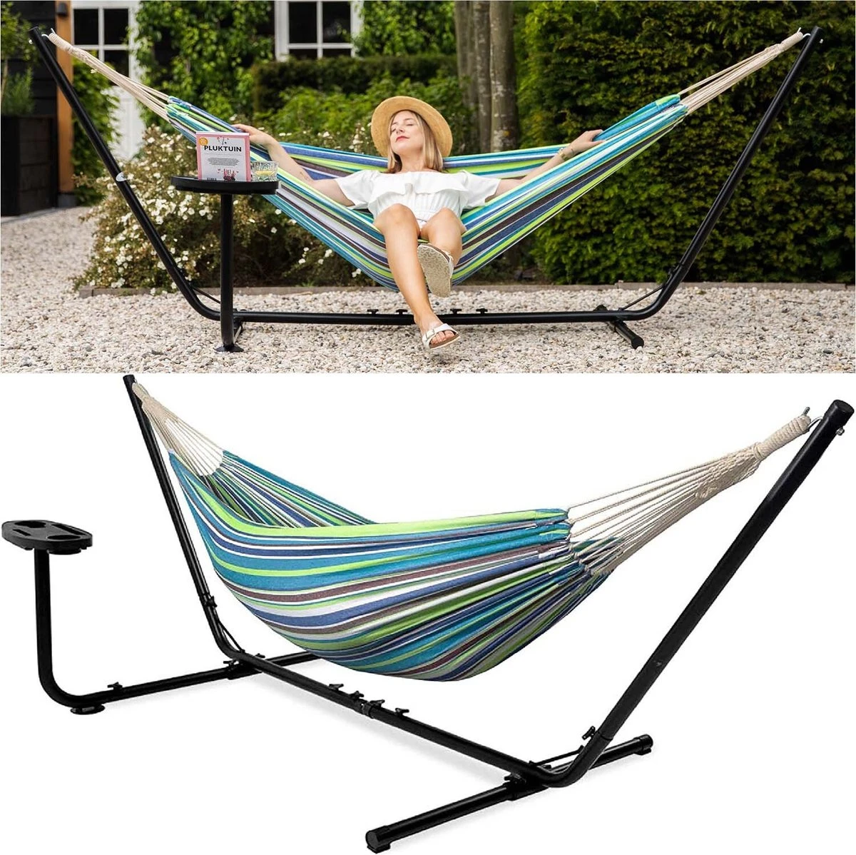 Vita5 Hangmat Met Standaard – 2 Persoons – Incl. Bekerhouder – 205kg Draaggewicht – Groen/Blauw