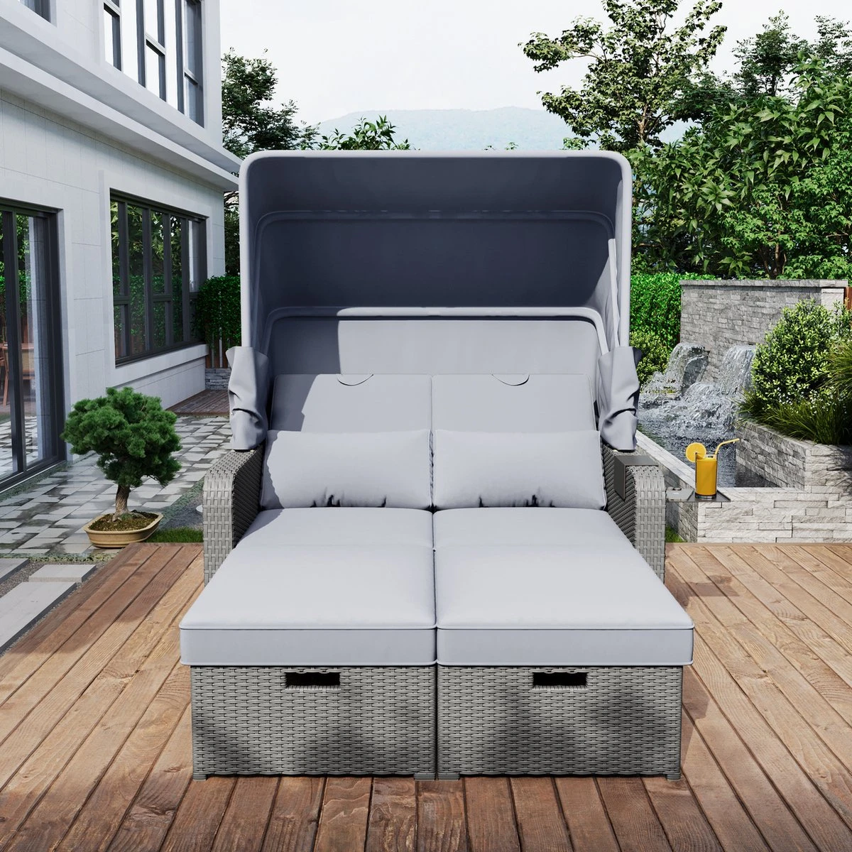 Polyrattan Patio Rieten Meubels Set Voor 2 Personen-Outdoor Rattan Sofa Set Met Intrekbare Luifel-lounge Bank-PE Rotan Loveseat Voor Achtertuin Veranda Tuin Zwembad Balkon-grijs - Afbeelding 5