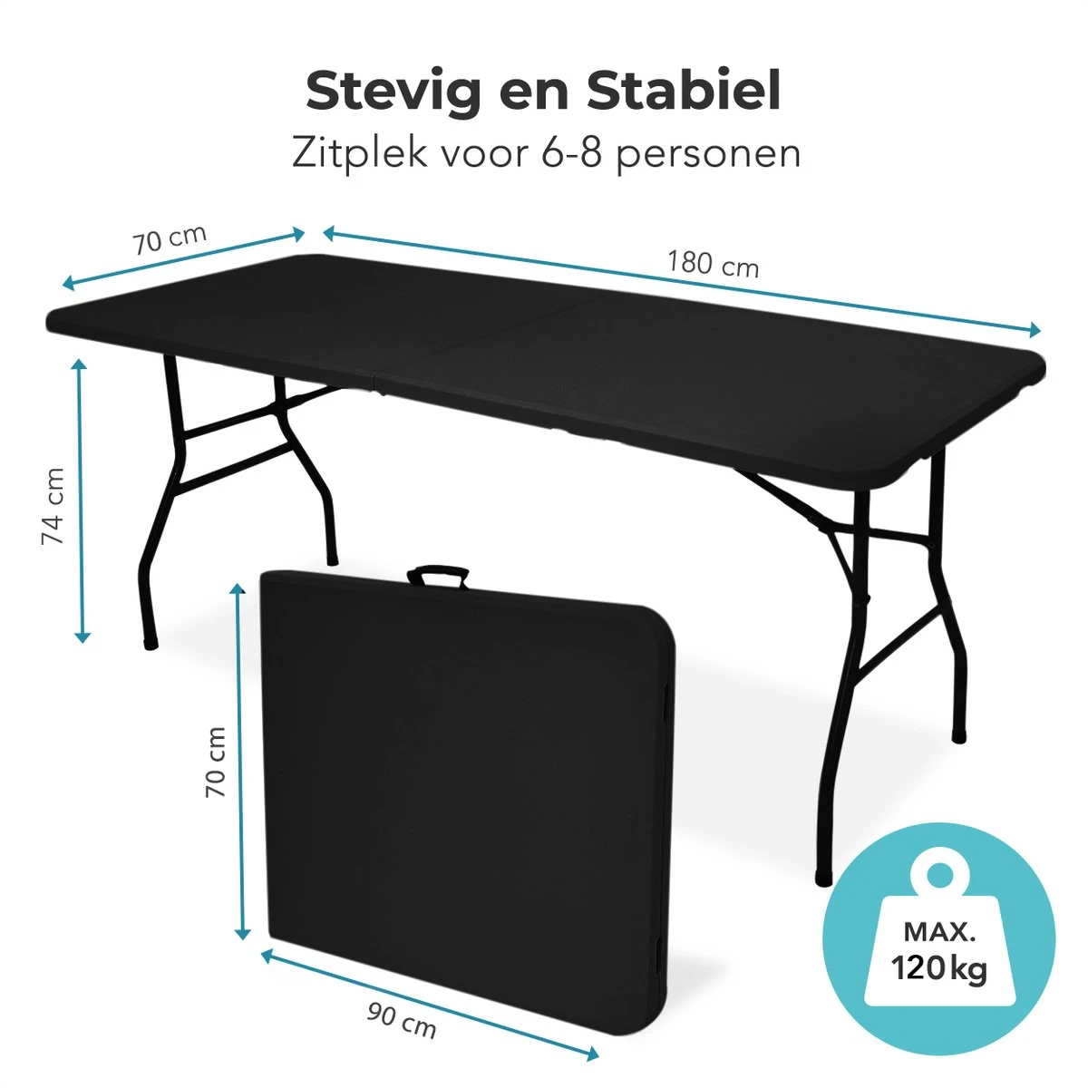 LifeGoods Klaptafel - Inklapbaar - 70x180cm - Verstelbare Vouwtafel - Weerbestendig - Zwart - Afbeelding 3