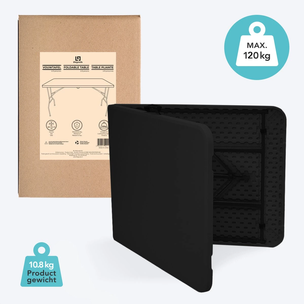 LifeGoods Klaptafel - Inklapbaar - 70x180cm - Verstelbare Vouwtafel - Weerbestendig - Zwart - Afbeelding 5
