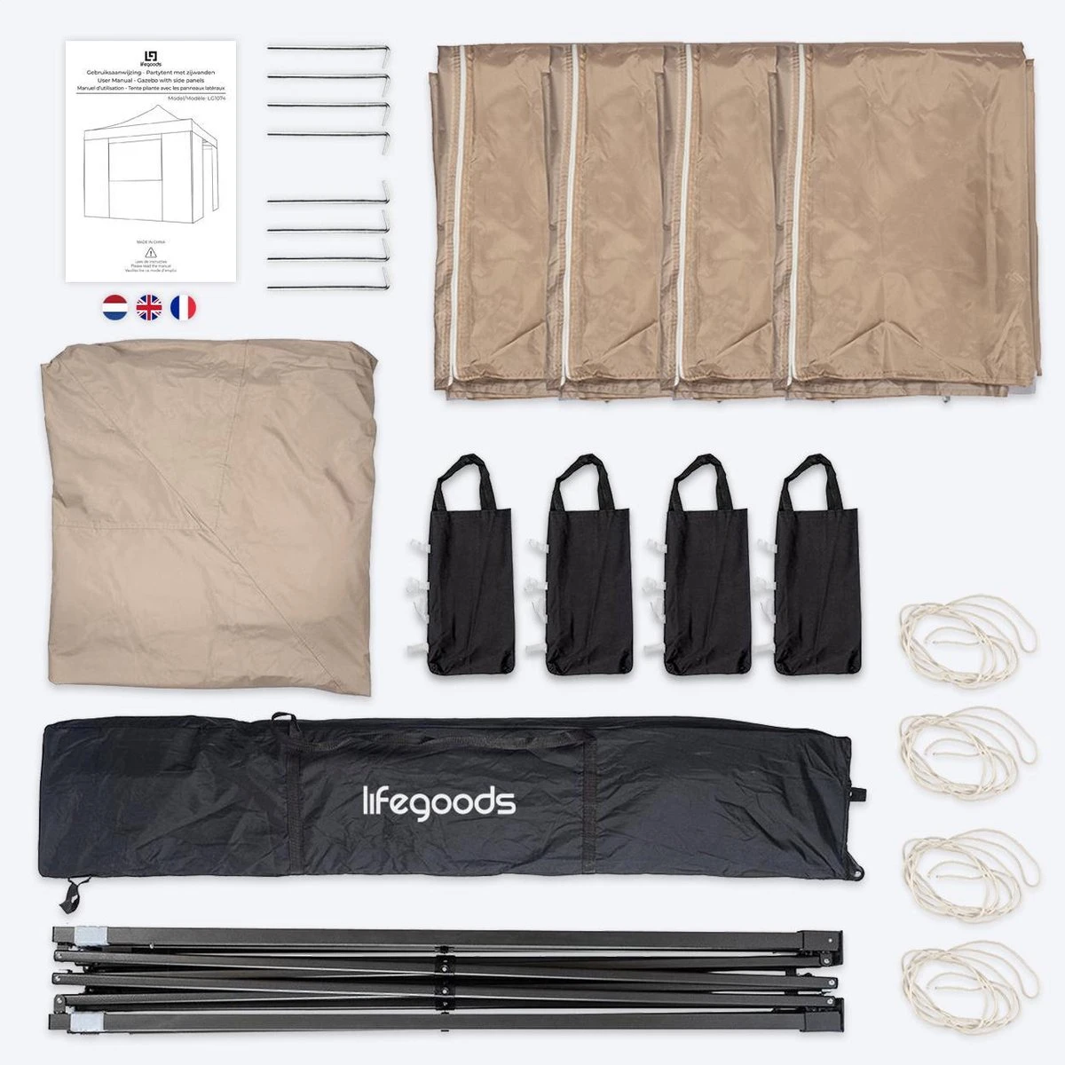 LifeGoods Partytent - 3x3 M - Zijwanden - Easy Up - Opvouwbaar - Waterdicht - Draagtas Met Wieltjes - Beige - Afbeelding 11