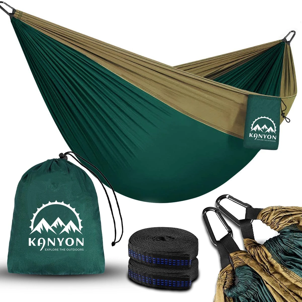 Kanyon Hangmat - Incl. Karabijnhaken En Riemen - Licht Parachutestof - 260 X 140 Cm - Tot 200kg - Groen/Khaki