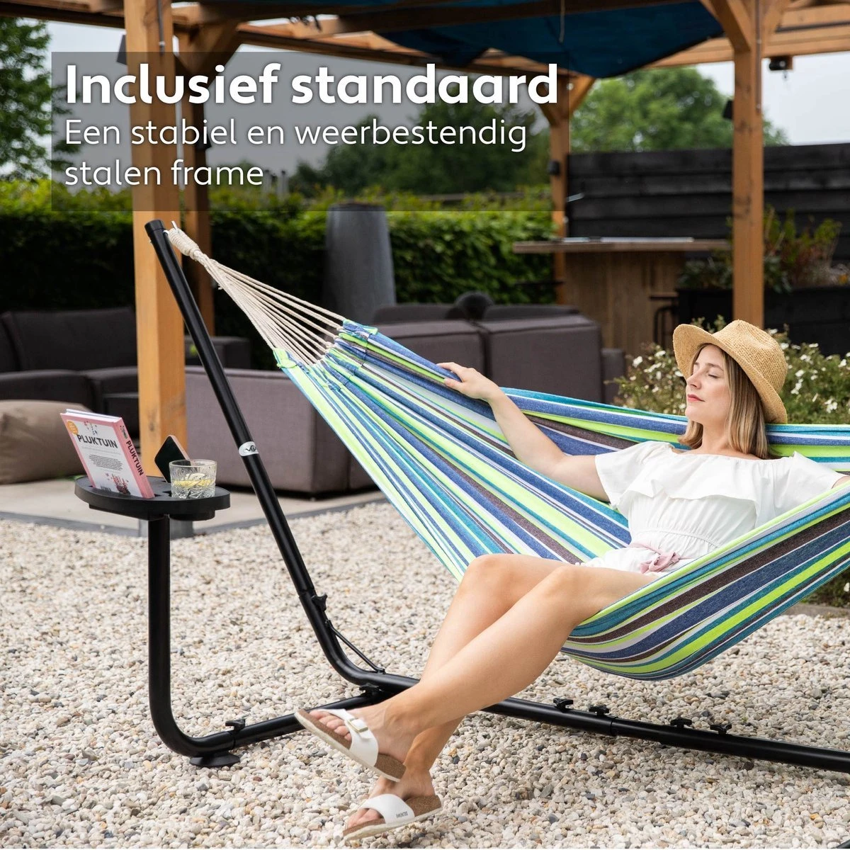 Vita5 Hangmat Met Standaard – 2 Persoons – Incl. Bekerhouder – 205kg Draaggewicht – Groen/Blauw - Afbeelding 3
