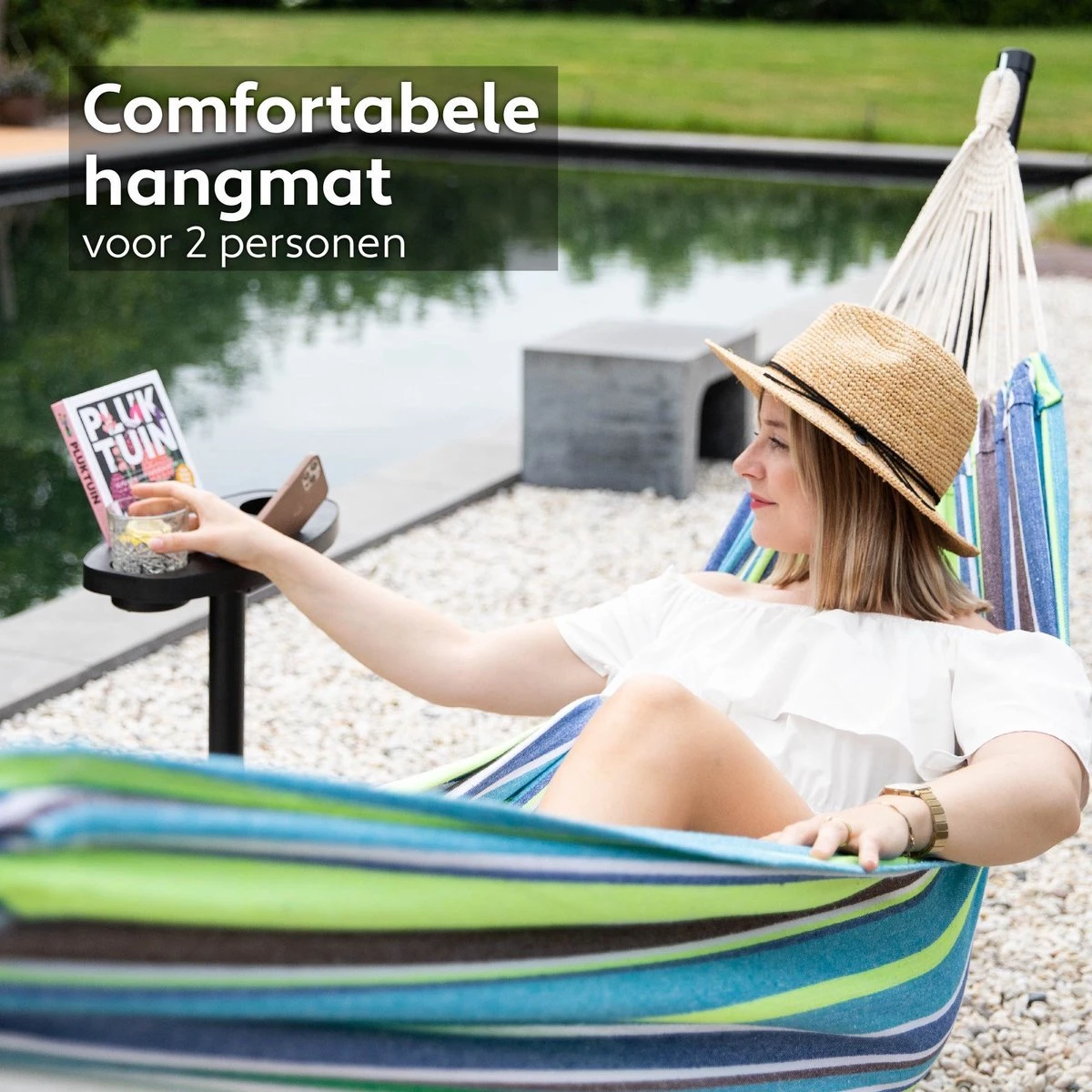 Vita5 Hangmat Met Standaard – 2 Persoons – Incl. Bekerhouder – 205kg Draaggewicht – Groen/Blauw - Afbeelding 4