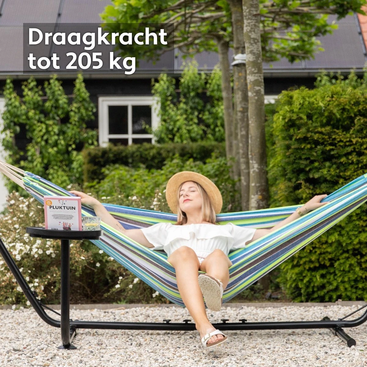 Vita5 Hangmat Met Standaard – 2 Persoons – Incl. Bekerhouder – 205kg Draaggewicht – Groen/Blauw - Afbeelding 6