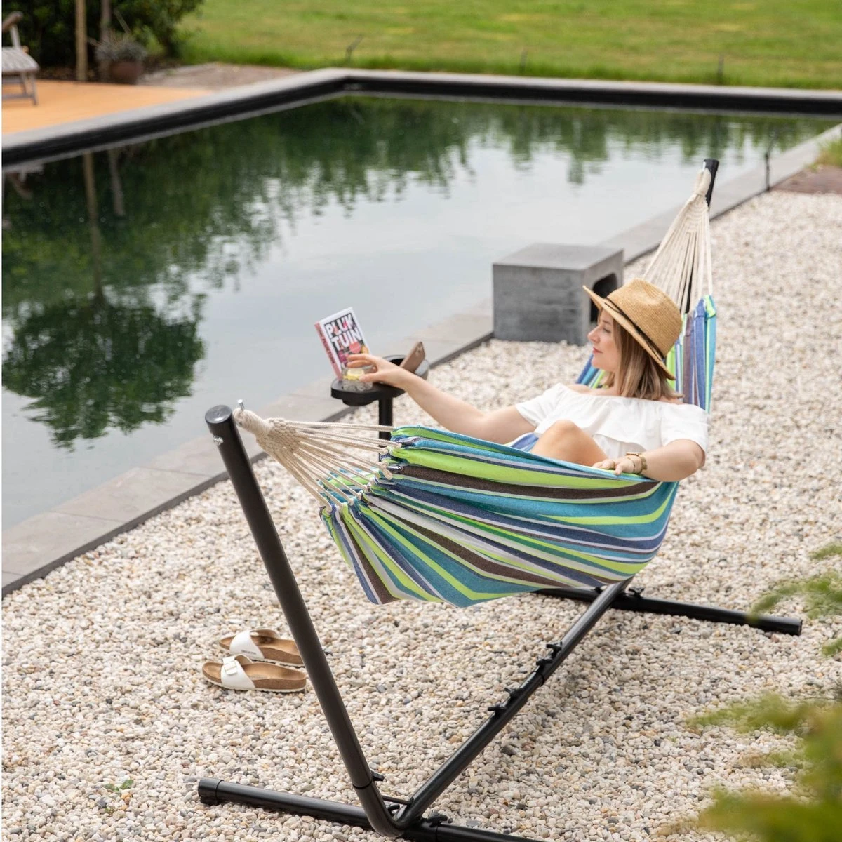 Vita5 Hangmat Met Standaard – 2 Persoons – Incl. Bekerhouder – 205kg Draaggewicht – Groen/Blauw - Afbeelding 12