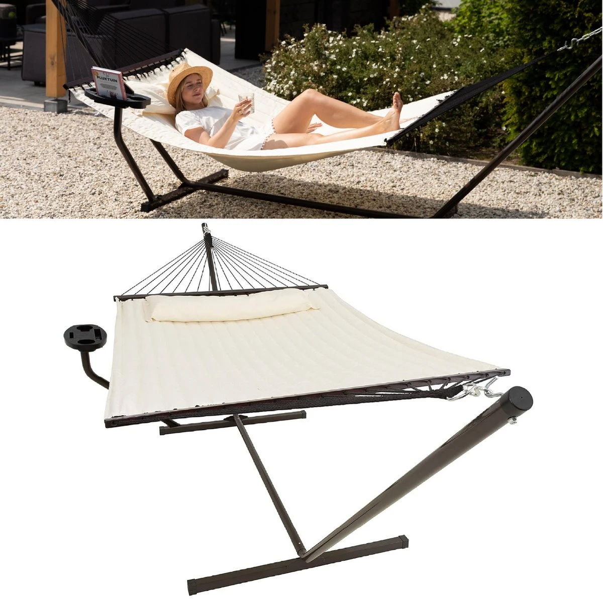 Vita5 Hangmat Met Standaard En Spreidstok – 2 Persoons – Incl. Bekerhouder - Afneembaar Kussen – Uv-bestendig – Beige