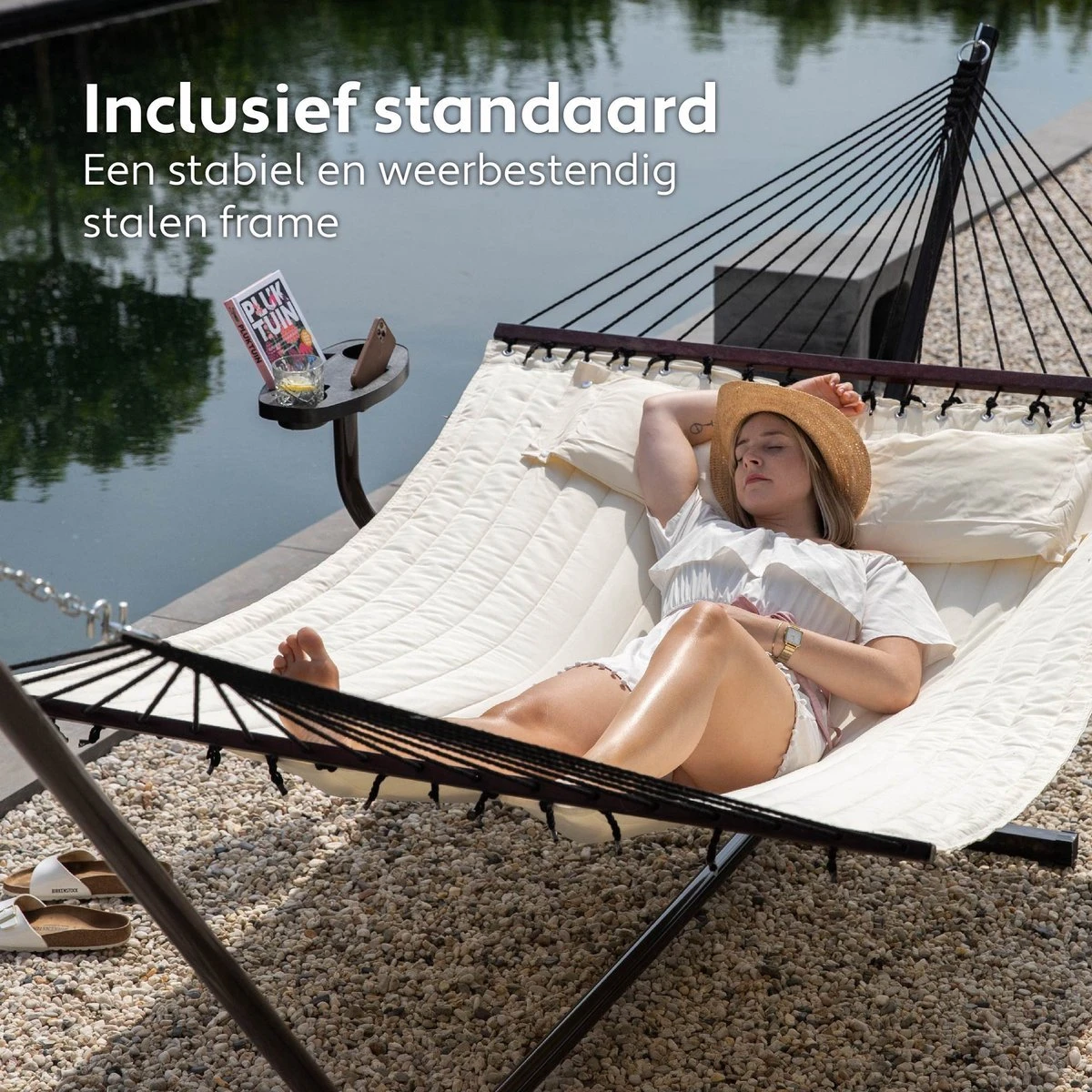Vita5 Hangmat Met Standaard En Spreidstok – 2 Persoons – Incl. Bekerhouder - Afneembaar Kussen – Uv-bestendig – Beige - Afbeelding 3