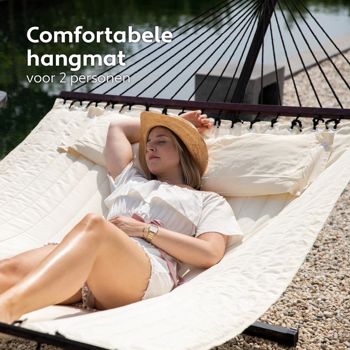 Vita5 Hangmat Met Standaard En Spreidstok – 2 Persoons – Incl. Bekerhouder - Afneembaar Kussen – Uv-bestendig – Beige - Afbeelding 4