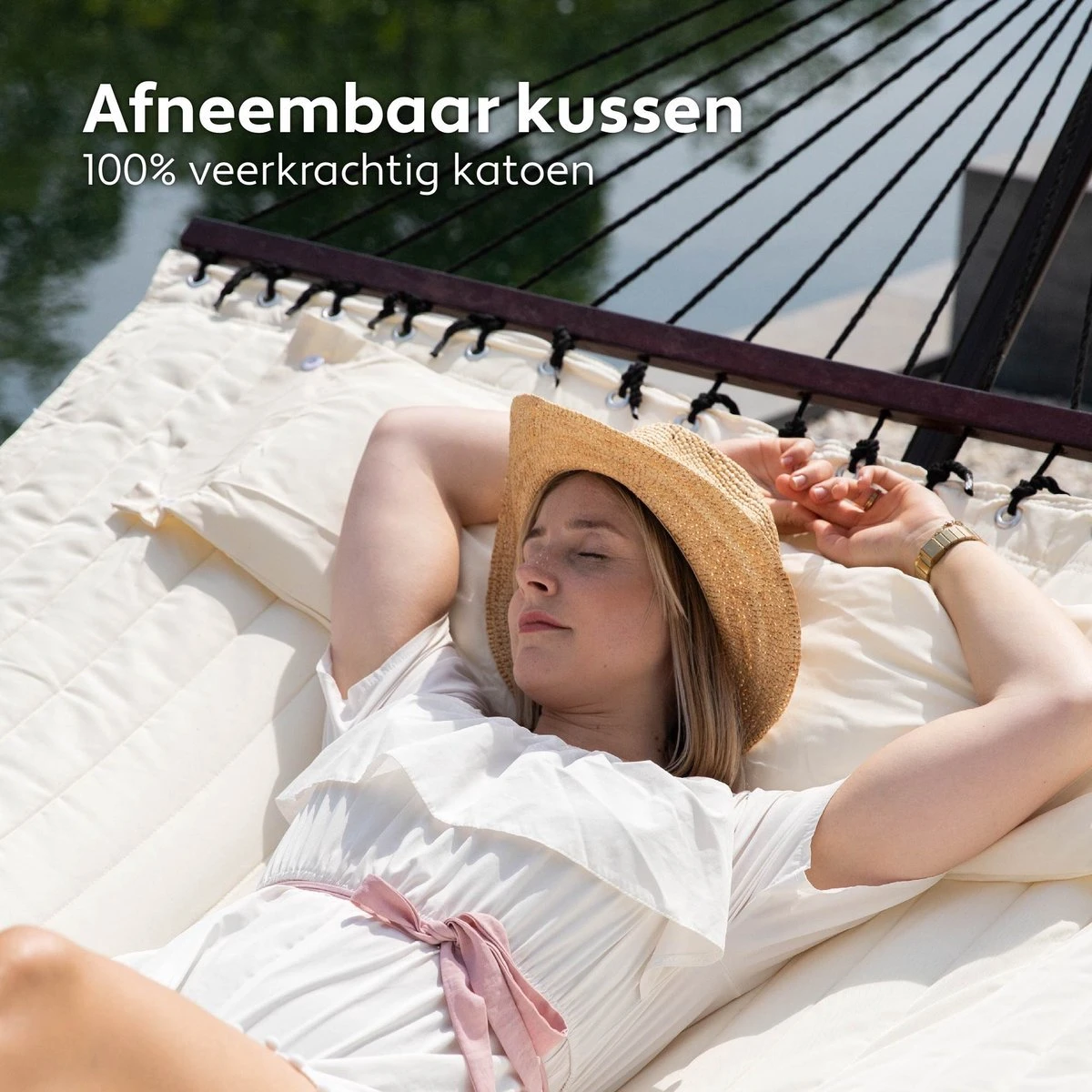 Vita5 Hangmat Met Standaard En Spreidstok – 2 Persoons – Incl. Bekerhouder - Afneembaar Kussen – Uv-bestendig – Beige - Afbeelding 5