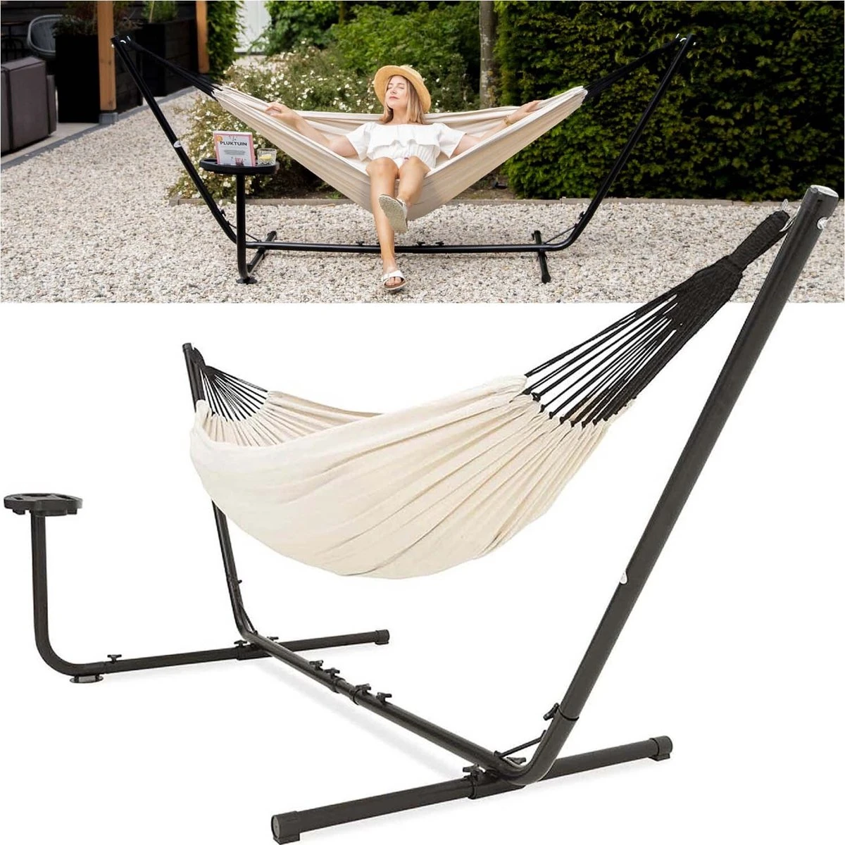 Vita5 Hangmat Met Standaard – 2 Persoons – Incl. Bekerhouder – 205kg Draaggewicht – Beige/Wit