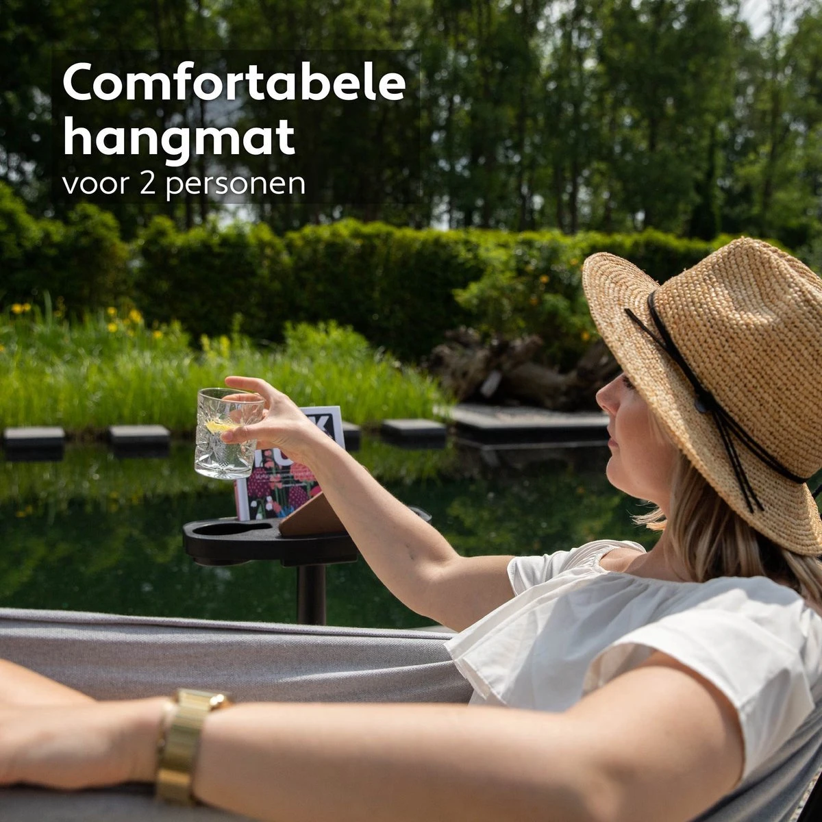 Vita5 Hangmat Met Standaard – 2 Persoons – Incl. Bekerhouder – 205kg Draaggewicht – Grijs - Afbeelding 4