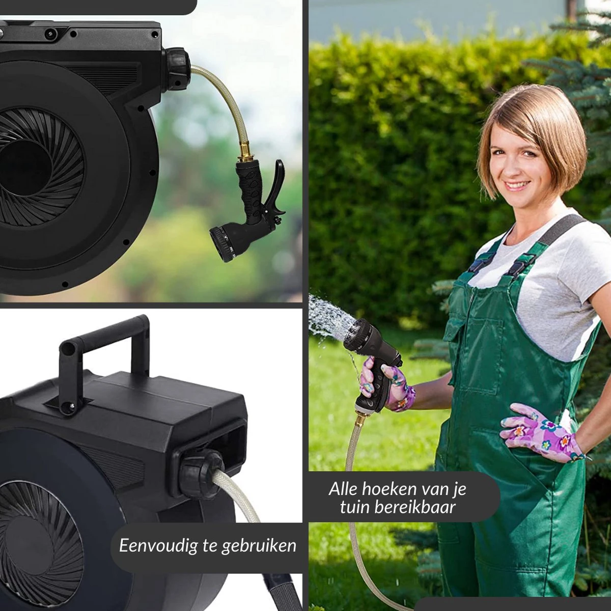 Buxibo - Wandslangenbox 20 Meter + 2 Meter - Tuinslang Met Haspel - 9 Sproei Standen - Slangenhouder 180° Draaibaar - Tuinslanghaspel Zwart+ Gratis Sproeier - Zwart - Afbeelding 8