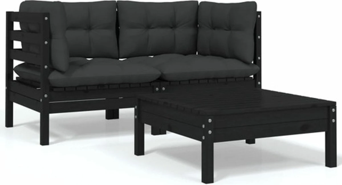 VidaXL 3-delige Loungeset Met Kussens Massief Grenenhout Zwart