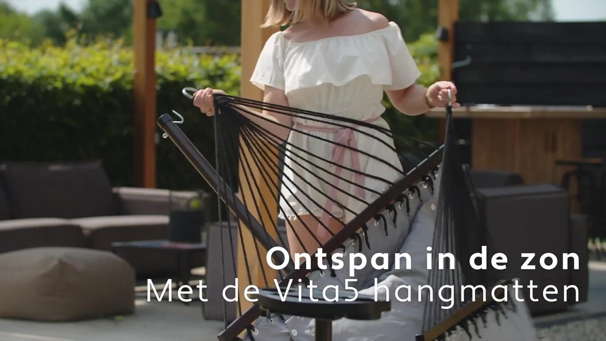 Vita5 Hangmat Met Standaard En Spreidstok – 2 Persoons – Incl. Bekerhouder - Afneembaar Kussen – Uv-bestendig – Beige - Afbeelding 2