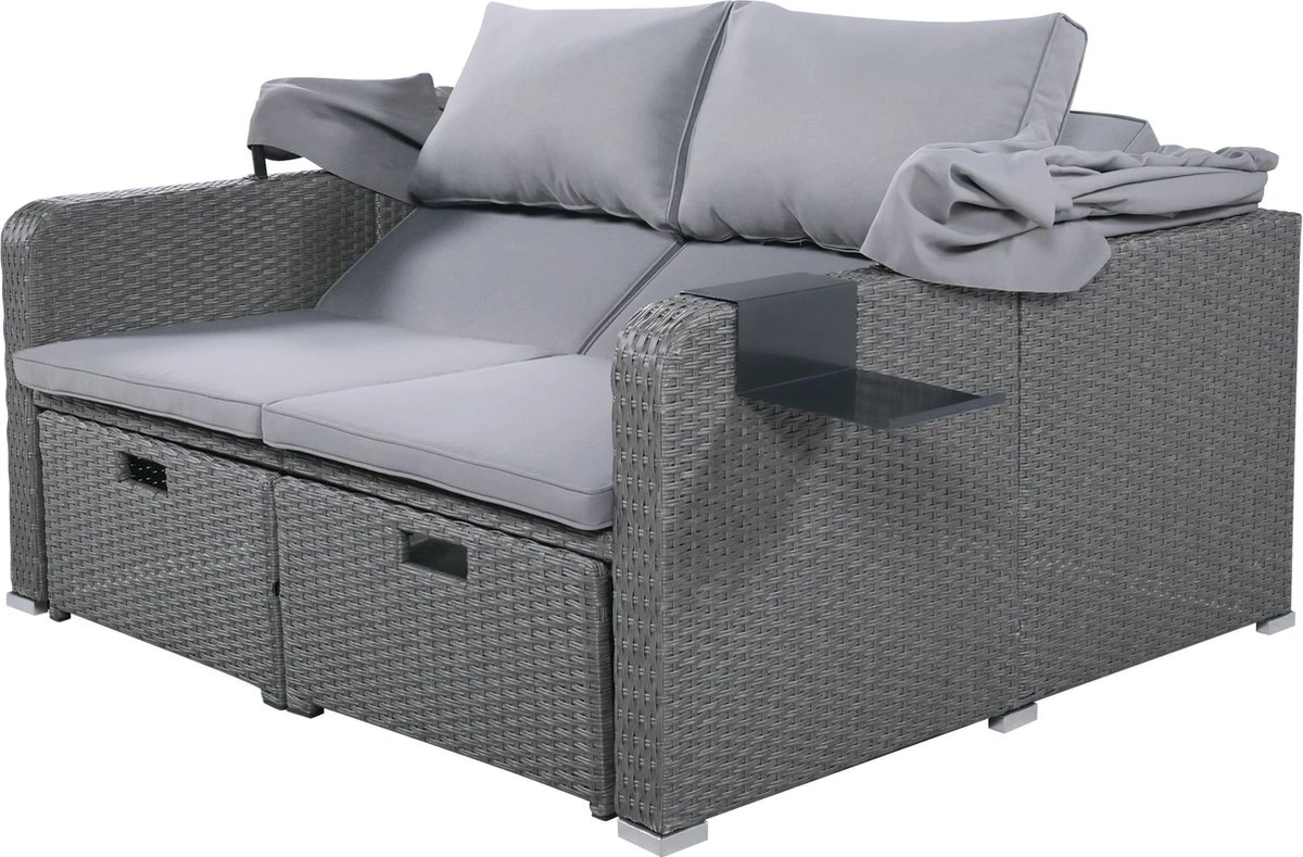 Polyrattan Patio Rieten Meubels Set Voor 2 Personen-Outdoor Rattan Sofa Set Met Intrekbare Luifel-lounge Bank-PE Rotan Loveseat Voor Achtertuin Veranda Tuin Zwembad Balkon-grijs - Afbeelding 16