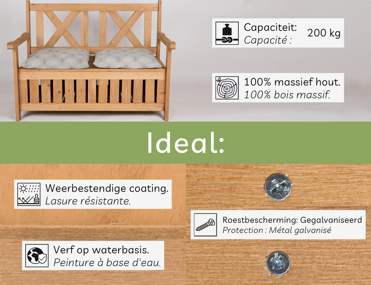 Needs&wants® Houten Tuinbank Met Opbergruimte, 2-zits Kistbank Houten Klassieke Bank Opslag, Grote Tuinopbergbank Van Massief Hout Weerbestendig Voor Buiten Tuin, Balkon, Terras, 115x61x85 Cm, Donker-bruin - Afbeelding 8