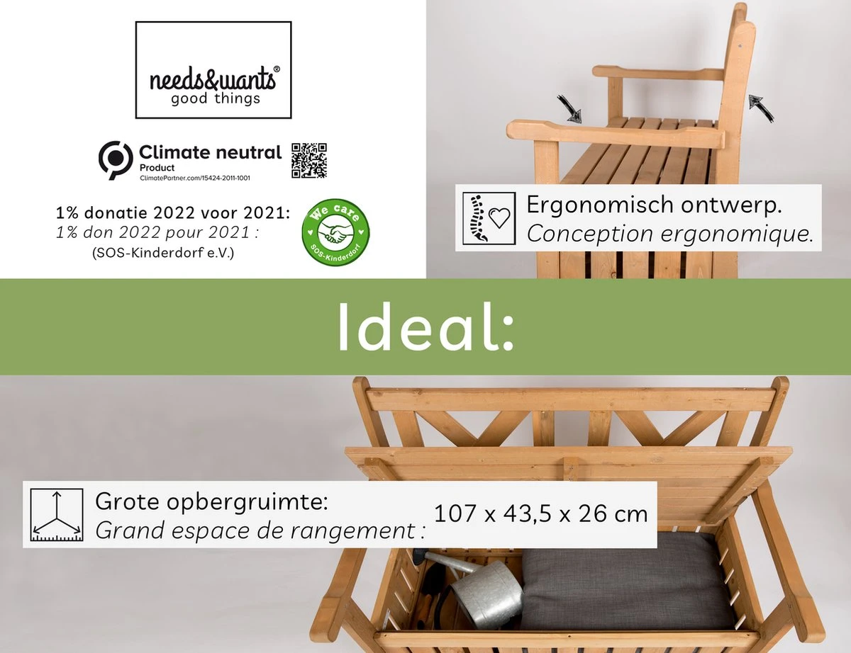 Needs&wants® Houten Tuinbank Met Opbergruimte, 2-zits Kistbank Houten Klassieke Bank Opslag, Grote Tuinopbergbank Van Massief Hout Weerbestendig Voor Buiten Tuin, Balkon, Terras, 115x61x85 Cm, Donker-bruin - Afbeelding 3
